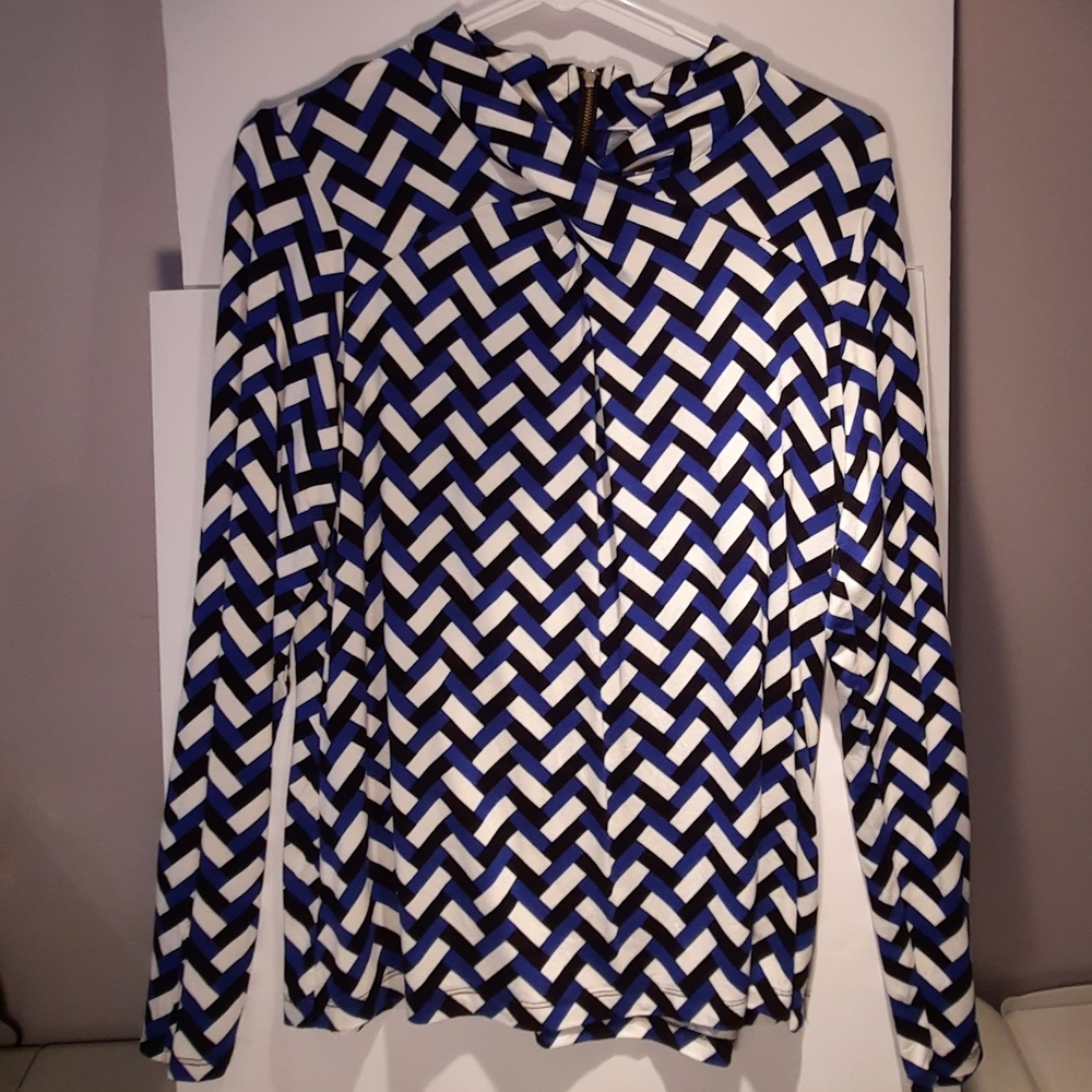 Liz Claiborne Blue Black and White Patterned Blouse